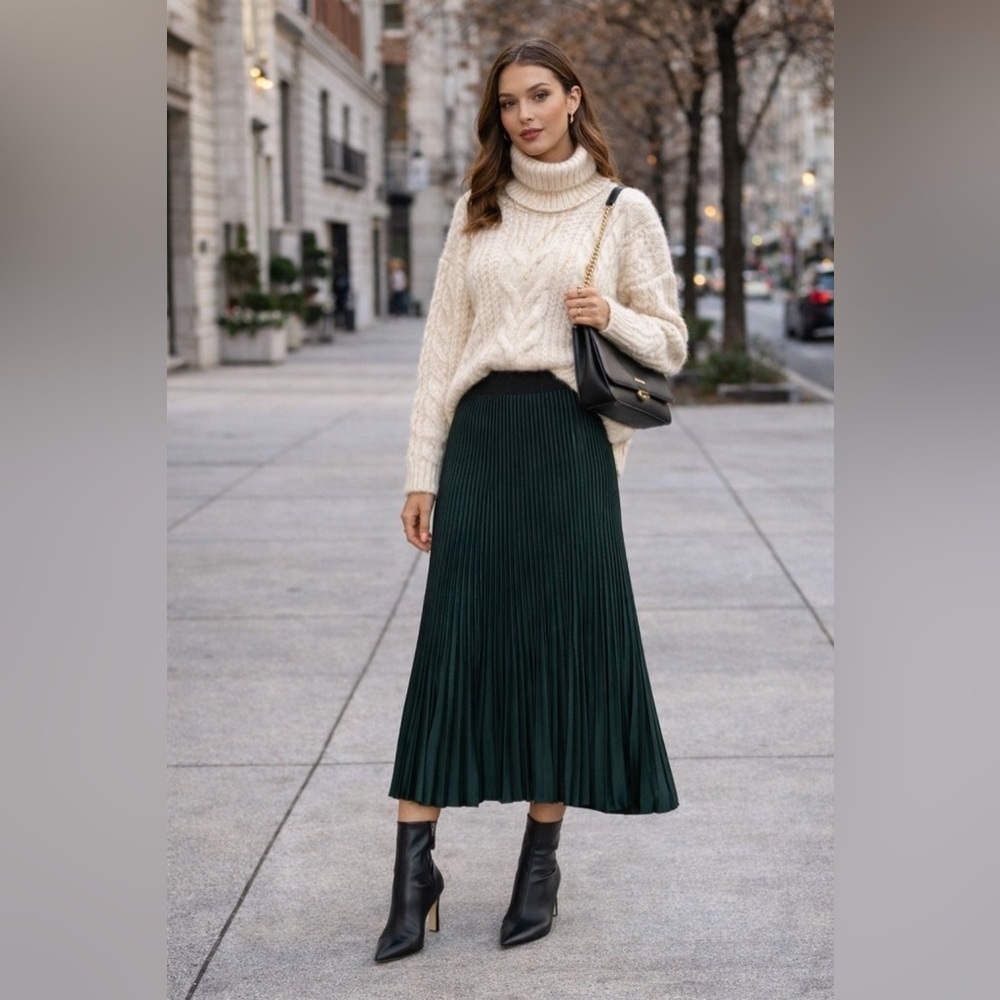 Elegant Pleated Midi Skirt In A Rich Emerald Tone